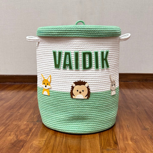 Woodland Animals Green Rope Personalised Storage Basket with Lid